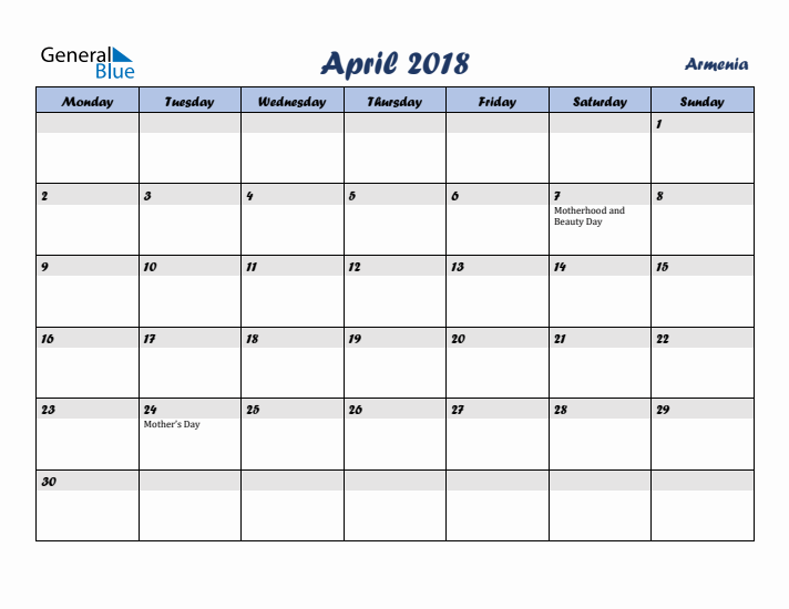 April 2018 Calendar with Holidays in Armenia