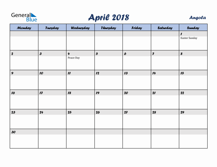 April 2018 Calendar with Holidays in Angola