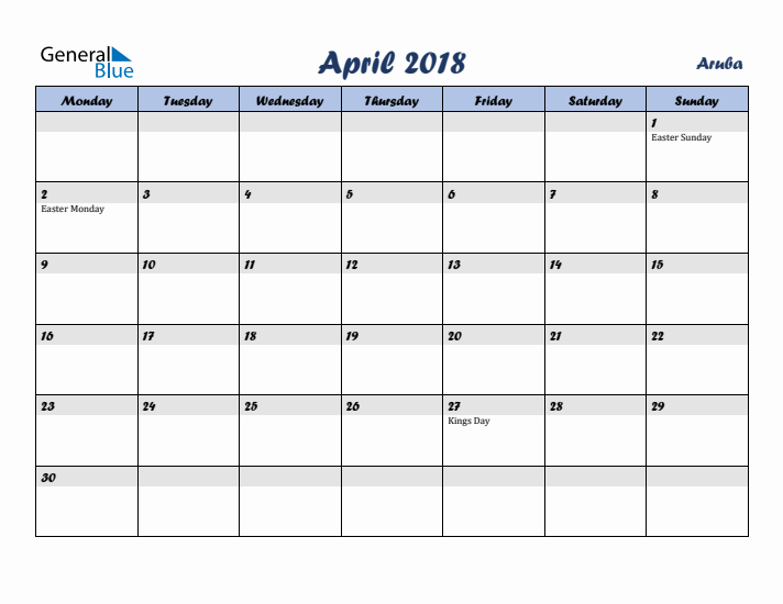 April 2018 Calendar with Holidays in Aruba