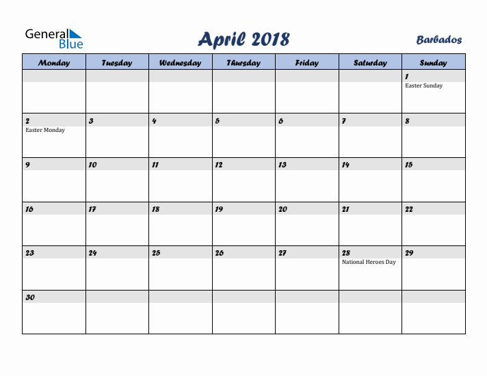 April 2018 Calendar with Holidays in Barbados