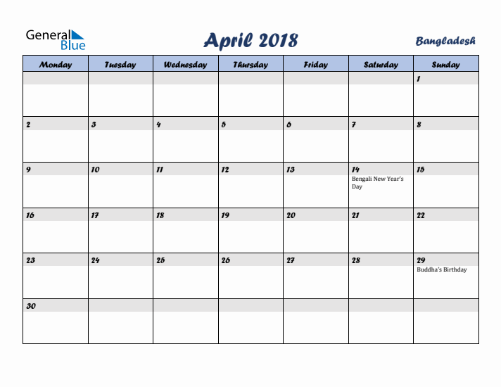 April 2018 Calendar with Holidays in Bangladesh