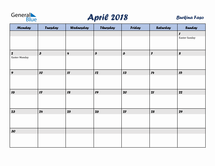 April 2018 Calendar with Holidays in Burkina Faso