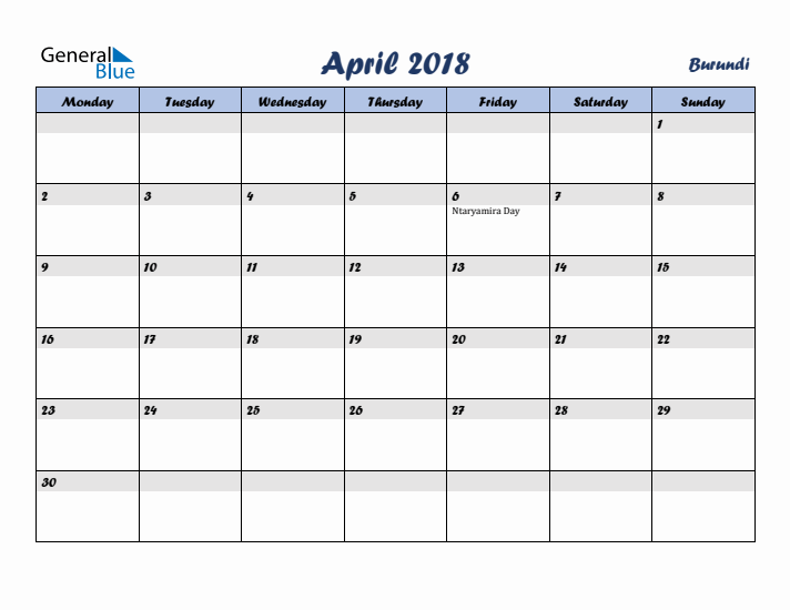April 2018 Calendar with Holidays in Burundi