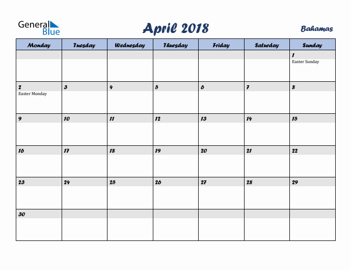 April 2018 Calendar with Holidays in Bahamas