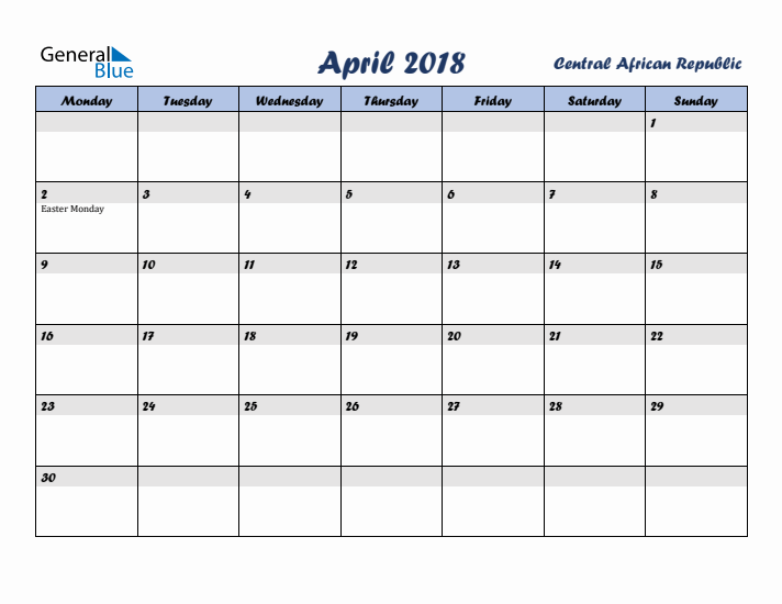 April 2018 Calendar with Holidays in Central African Republic
