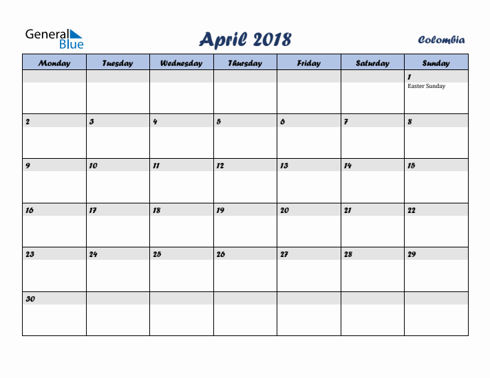 April 2018 Calendar with Holidays in Colombia