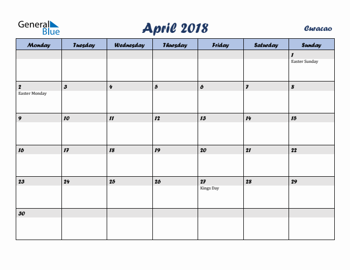April 2018 Calendar with Holidays in Curacao