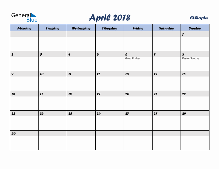 April 2018 Calendar with Holidays in Ethiopia
