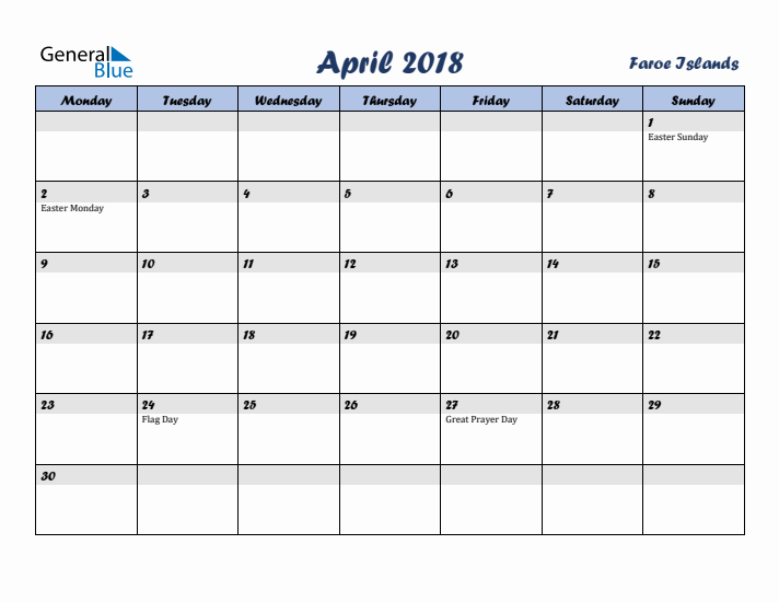 April 2018 Calendar with Holidays in Faroe Islands