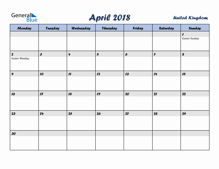 April 2018 Calendar with Holidays in United Kingdom