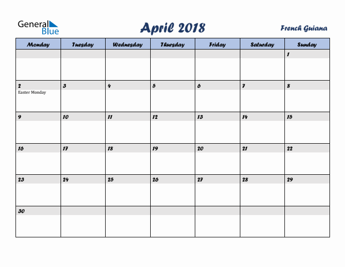April 2018 Calendar with Holidays in French Guiana