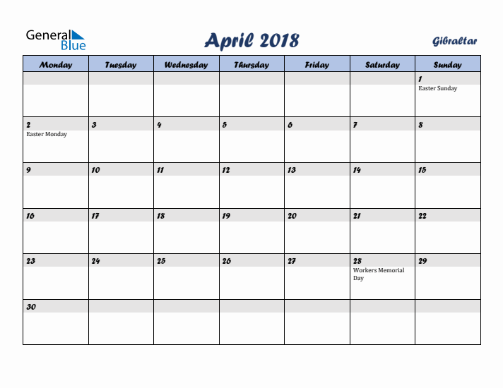 April 2018 Calendar with Holidays in Gibraltar