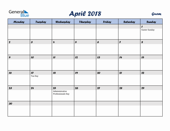 April 2018 Calendar with Holidays in Guam