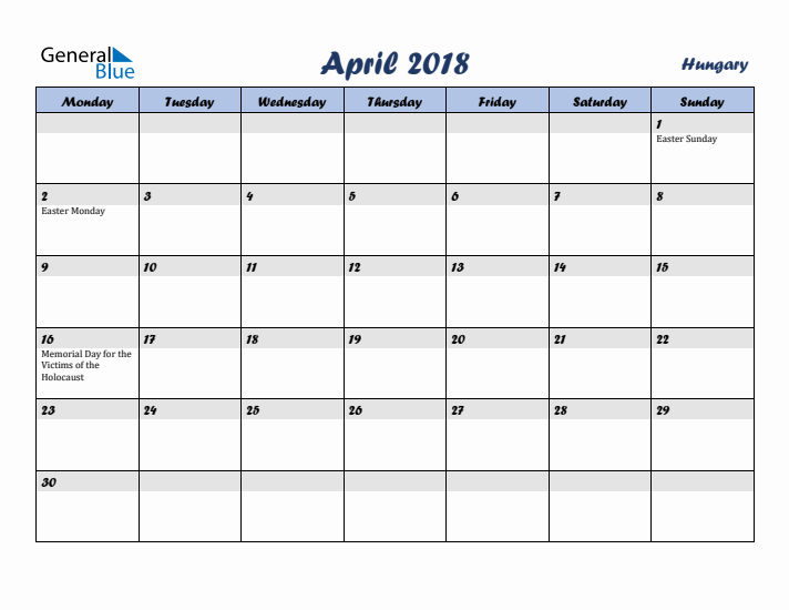 April 2018 Calendar with Holidays in Hungary
