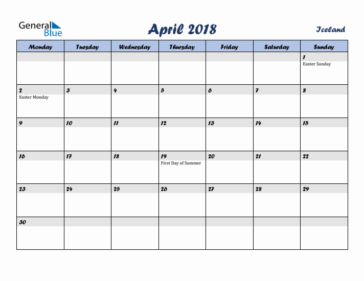 April 2018 Calendar with Holidays in Iceland
