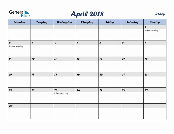 April 2018 Calendar with Holidays in Italy