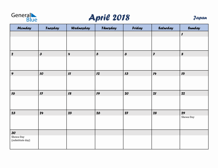 April 2018 Calendar with Holidays in Japan