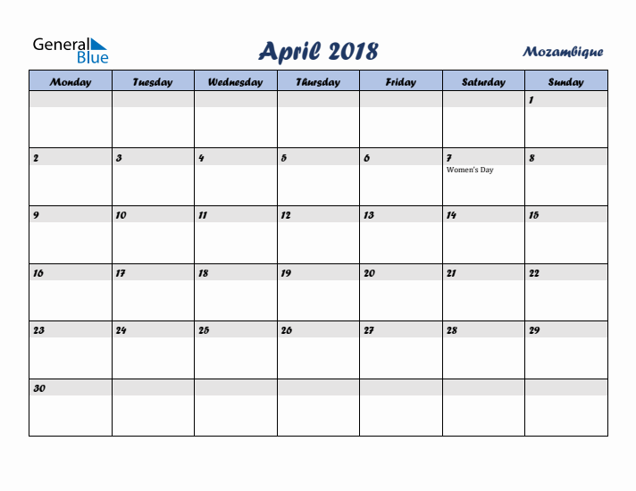 April 2018 Calendar with Holidays in Mozambique