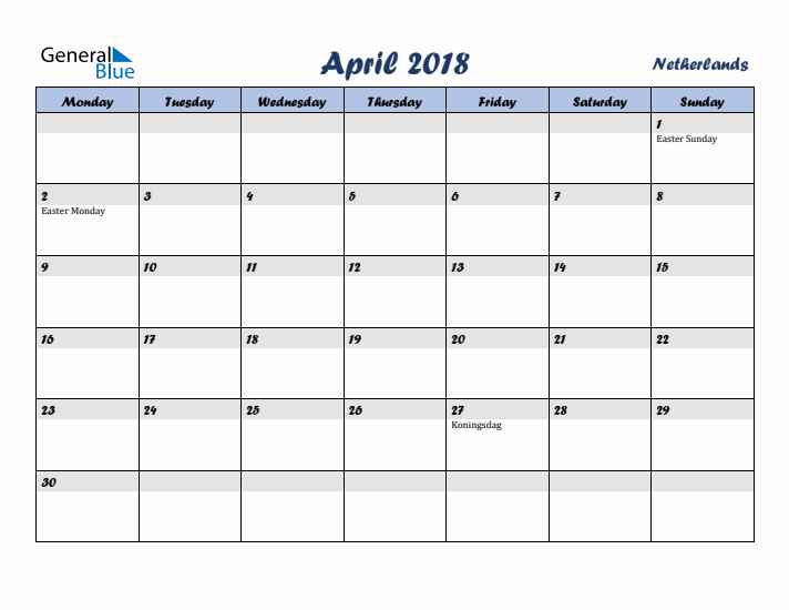 April 2018 Calendar with Holidays in The Netherlands