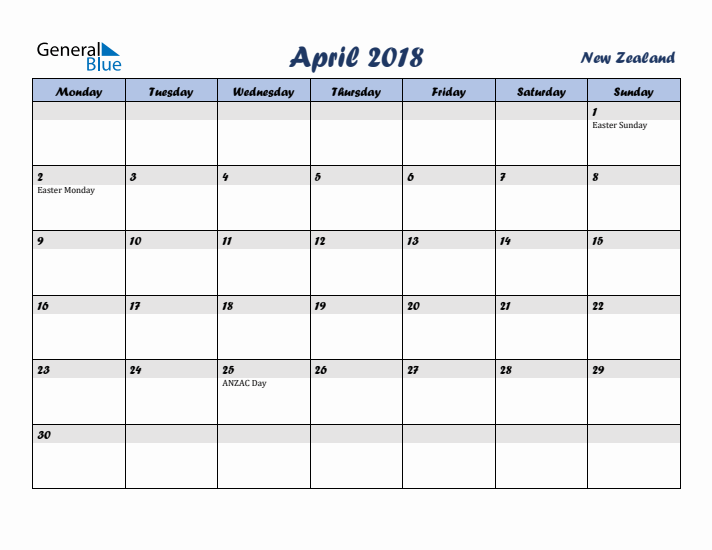 April 2018 Calendar with Holidays in New Zealand