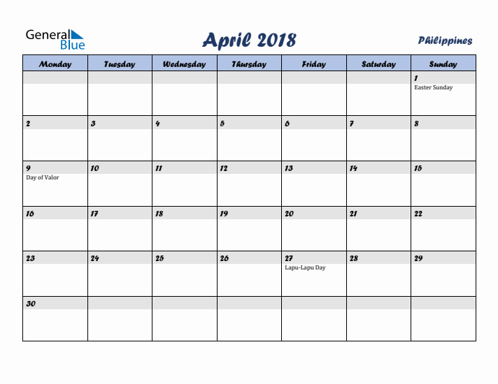 April 2018 Calendar with Holidays in Philippines