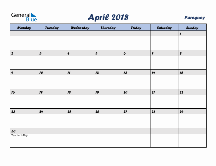 April 2018 Calendar with Holidays in Paraguay