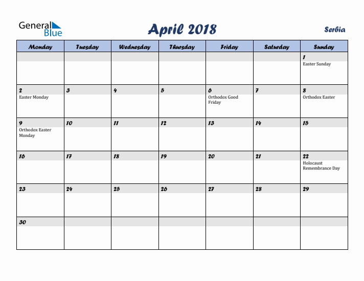 April 2018 Calendar with Holidays in Serbia