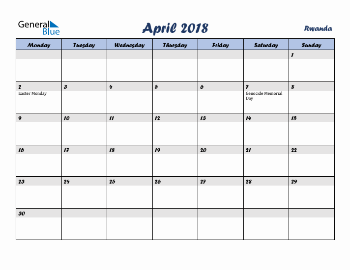 April 2018 Calendar with Holidays in Rwanda