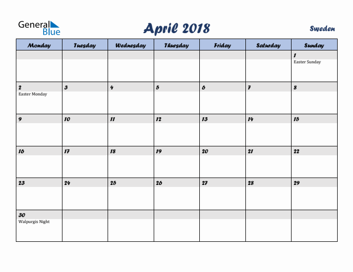 April 2018 Calendar with Holidays in Sweden