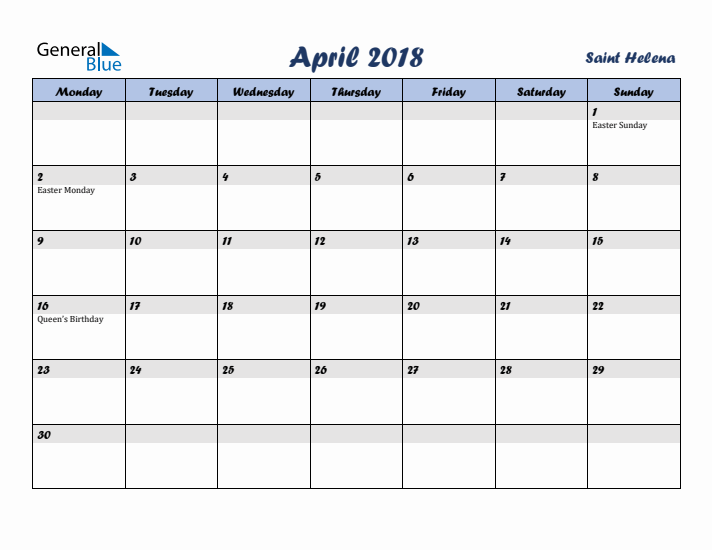 April 2018 Calendar with Holidays in Saint Helena