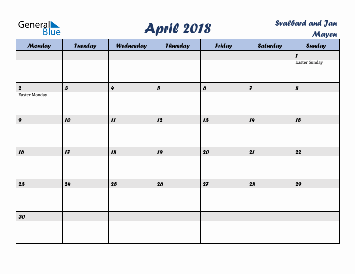 April 2018 Calendar with Holidays in Svalbard and Jan Mayen