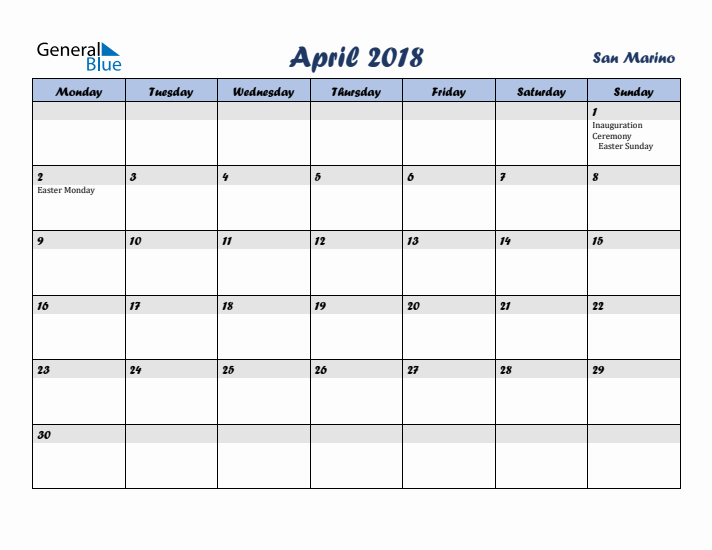April 2018 Calendar with Holidays in San Marino
