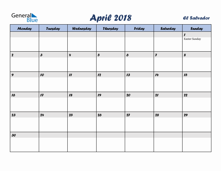 April 2018 Calendar with Holidays in El Salvador