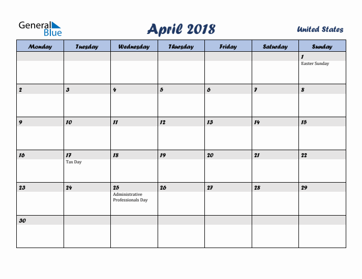 April 2018 Calendar with Holidays in United States