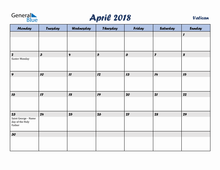April 2018 Calendar with Holidays in Vatican