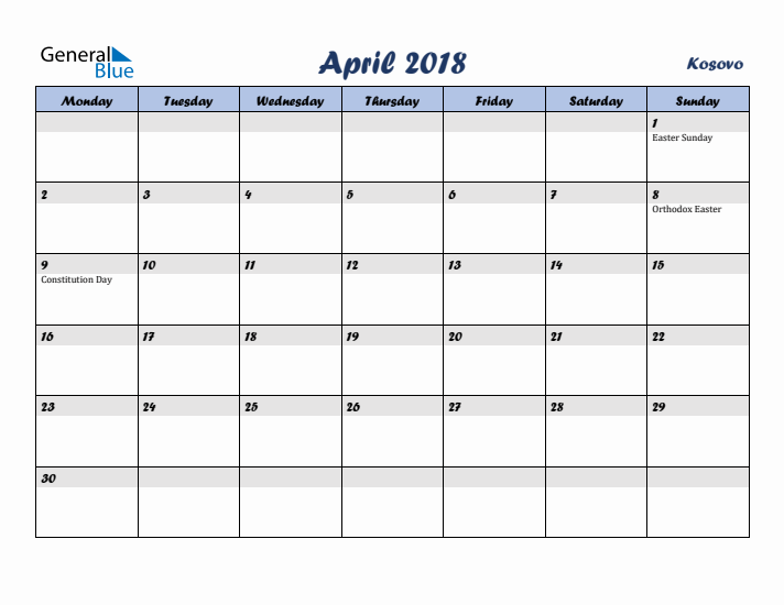 April 2018 Calendar with Holidays in Kosovo