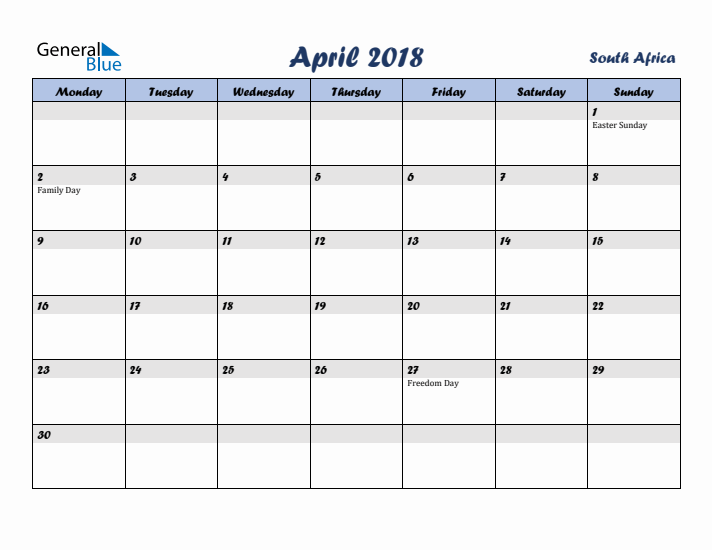 April 2018 Calendar with Holidays in South Africa