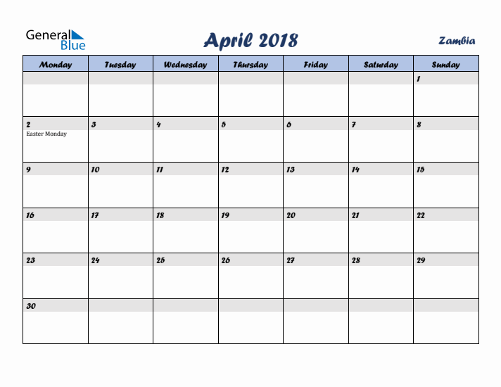 April 2018 Calendar with Holidays in Zambia
