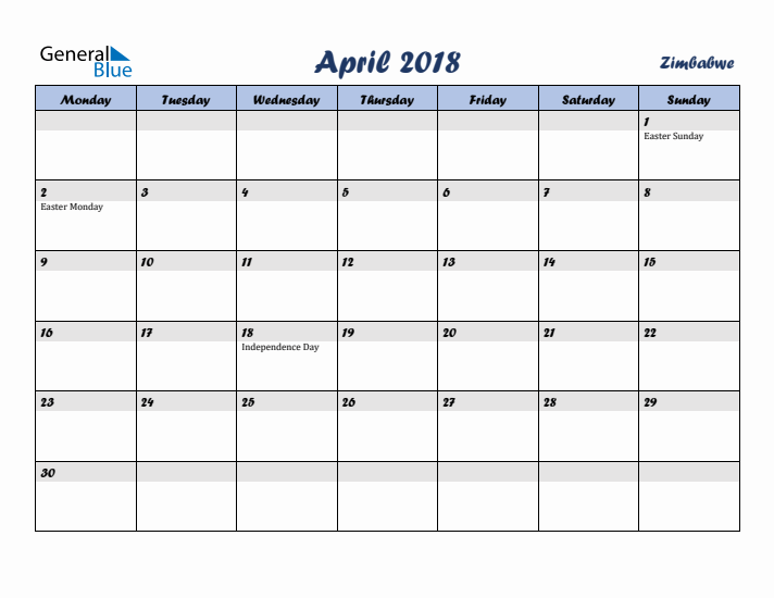 April 2018 Calendar with Holidays in Zimbabwe