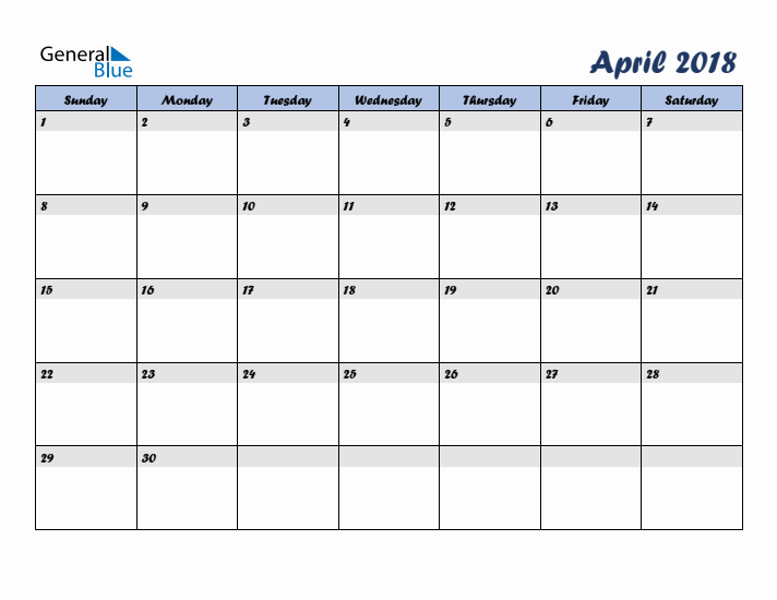 April 2018 Blue Calendar (Sunday Start)