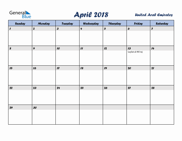 April 2018 Calendar with Holidays in United Arab Emirates