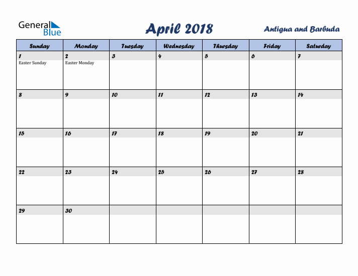 April 2018 Calendar with Holidays in Antigua and Barbuda
