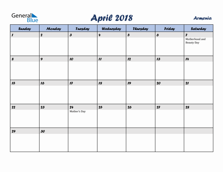 April 2018 Calendar with Holidays in Armenia