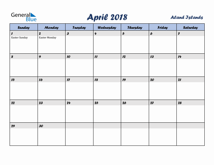 April 2018 Calendar with Holidays in Aland Islands