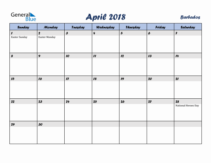 April 2018 Calendar with Holidays in Barbados