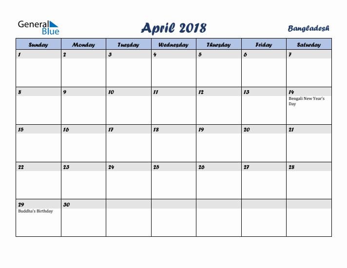 April 2018 Calendar with Holidays in Bangladesh