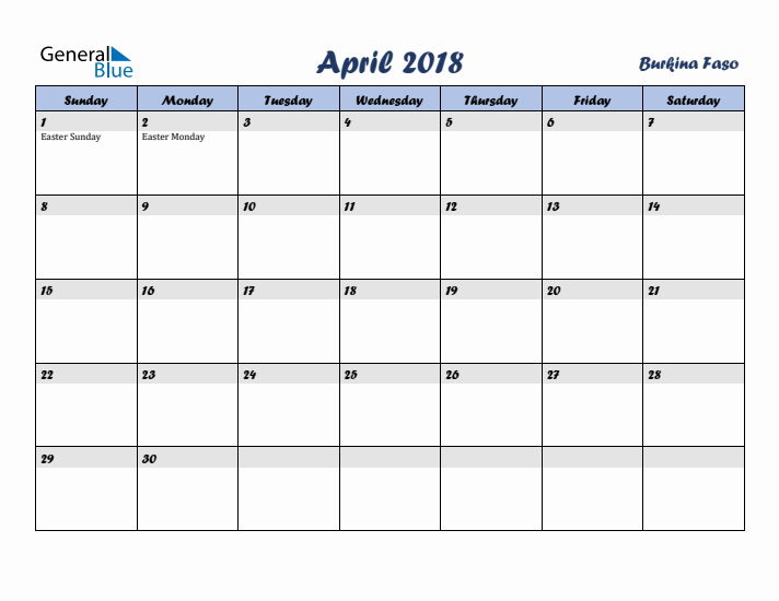 April 2018 Calendar with Holidays in Burkina Faso