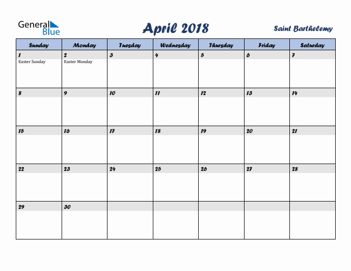 April 2018 Calendar with Holidays in Saint Barthelemy