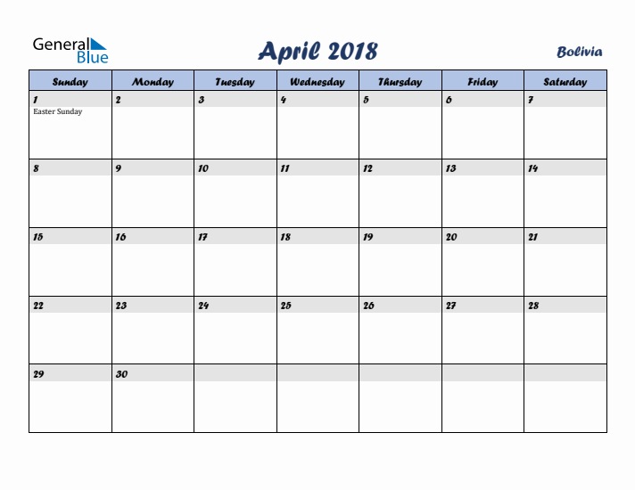 April 2018 Calendar with Holidays in Bolivia