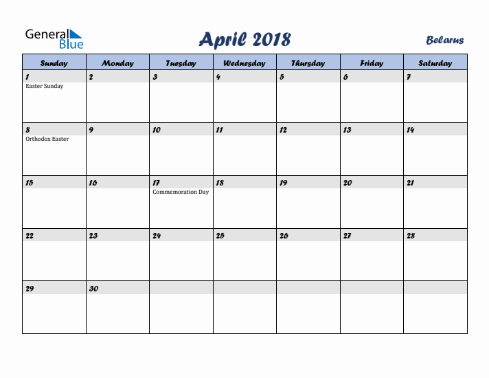 April 2018 Calendar with Holidays in Belarus